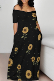 Sexy Flowers Print Off Shoulder Short Sleeve Floor Length Vacation Loose Maxi Dresses