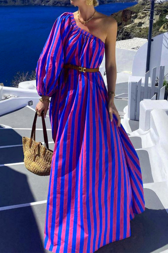 Casual Striped Print Lantern Sleeve Oblique Collar With Belt Irregular Vacation Maxi Swing Dresses