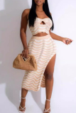 Celebrities Stripe Print Strapless Sleeveless Backless Hollow Out Tube Crop Tops High Slit Maxi Skirt Vacation Beach Two Pieces Dress Sets