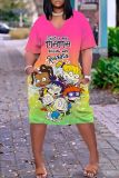 Casual Cartoon Print Basic V Neck Short Sleeve Pockets Loose T-shirt Dresses