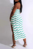 Celebrities Stripe Print Strapless Sleeveless Backless Hollow Out Tube Crop Tops High Slit Maxi Skirt Vacation Beach Two Pieces Dress Sets