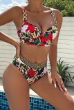 Sexy Floral Print Sleeveless Backless Bra and Mini Shorts Bikini Sets Beach Vacation Swimwears