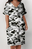 Casual Camouflage Print V Neck Short Sleeves Pocket Plus Size Loose T-shirt Dresses