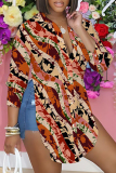 Casual Floral Print Turndown Collar Long Sleeve Side Slit Shirt Blouse