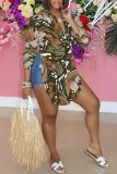 Casual Floral Print Turndown Collar Long Sleeve Side Slit Shirt Blouse