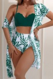 Sexy Tropical Print Swimsuit Long Cardigan Bra and Mini Shorts Bikini Sets Beach Vacation Three Piece Set Swimwears