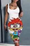 Casual Cartoon Print Basic U Neck Sleeveless Vest Bodycon Midi Tank Dresses