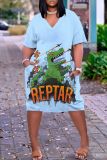 Casual Cartoon Print Basic V Neck Short Sleeve Pockets Loose T-shirt Dresses