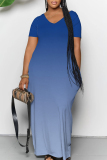 Casual Ombre Print V Neck Short Sleeve Floor Length Baggy Vacation Maxi Dresses