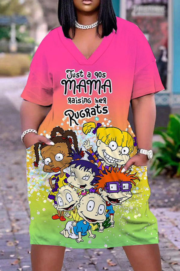 Casual Cartoon Print Basic V Neck Short Sleeve Pockets Loose T-shirt Dresses