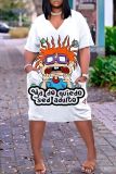 Casual Cartoon Print Basic V Neck Short Sleeve Pockets Loose T-shirt Dresses