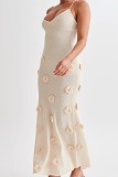 Sexy Flowers Decor Backless Spaghetti Strap Lace Up Mermaid Hem Vacation Beach Knit Maxi Slip Dresses