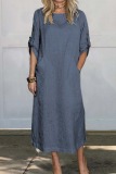 Casual O Neck Half Sleeve Pocket Long Loose Fitted Vacation Maxi Dresses