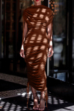 Street Draw String Dropped Shoulder O Neck Formal Office Lady Long Ruched Bodycon Maxi Dress