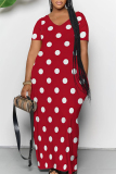 Casual Polka Dot Print V Neck Short Sleeve Pocket Floor Length Loose Fitted Vacation Maxi Dresses