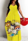 Sexy Cartoon Print Backless Spaghetti Strap Sleeveless Floor Length Long Baggy Vacation Maxi Slip Dresses