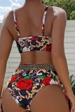 Sexy Floral Print Sleeveless Backless Bra and Mini Shorts Bikini Sets Beach Vacation Swimwears