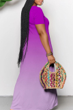 Casual Ombre Print V Neck Short Sleeve Floor Length Baggy Vacation Maxi Dresses