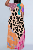 Casual Leopard Print O Neck Short Sleeve Floor Length Baggy Vacation Maxi Dresses