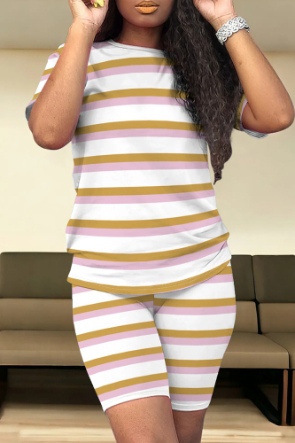 Casual Stripe Print O Neck Short Sleeve Oversize T-shirt And Shorts Two Pieces Shorts Sets