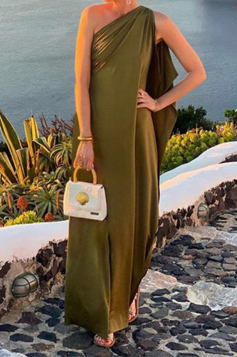 Sexy Oblique Collar One Shoulder Irregular Floor Length Vacation Party Evening Loose Maxi Dresses