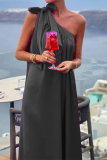 Daily Lace Up Oblique Collar Sleeveless Tie Shoulder Vacation Loose Maxi Dresses