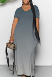 Casual Ombre Print V Neck Short Sleeve Floor Length Baggy Vacation Maxi Dresses