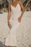 Sexy Flowers Decor Backless Spaghetti Strap Lace Up Mermaid Hem Vacation Beach Knit Maxi Slip Dresses
