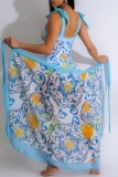Sexy Graphics Print Lace Up Backless Sleeveless Tie Shoulder One Pieces Swimsuit And Skirt Cover Up Beach Vacation Swimwears