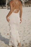 Sexy Flowers Decor Backless Spaghetti Strap Lace Up Mermaid Hem Vacation Beach Knit Maxi Slip Dresses