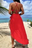 Sexy Lace Up Backless Cross Straps Halter One Piece Swimsuit With Beach Skirt Vacation Swimwear