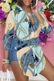 Casual Graphics Print Slit Turndown Collar Long Sleeve Vacation Shirt Blouse