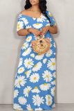 Sexy Flowers Print Off Shoulder Short Sleeve Floor Length Vacation Loose Maxi Dresses