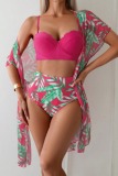 Sexy Tropical Print Swimsuit Long Cardigan Bra and Mini Shorts Bikini Sets Beach Vacation Three Piece Set Swimwears