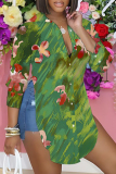 Casual Floral Print Turndown Collar Long Sleeve Side Slit Shirt Blouse