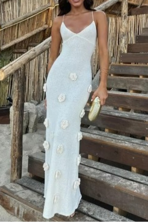 Sexy Flowers Decor Backless Spaghetti Strap Lace Up Mermaid Hem Vacation Beach Knit Maxi Slip Dresses