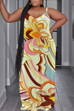 Sexy Graphics Print Backless Spaghetti Strap Floor Length Long Plus Size Baggy Vacation Maxi Slip Dresses