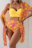 Sexy Tropical Print Swimsuit Long Cardigan Bra and Mini Shorts Bikini Sets Beach Vacation Three Piece Set Swimwears