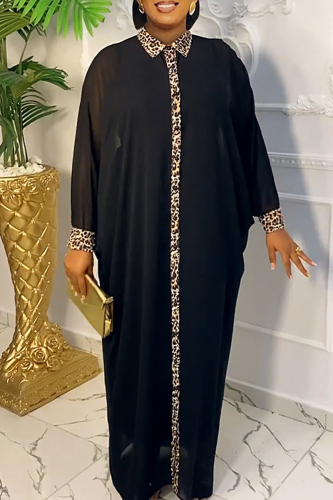 Casual Leopard Print Turndown Collar Long Sleeve Long Plus Size Vacation Loose Maxi Dress