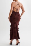 Sexy Flowers Decor Backless Spaghetti Strap Lace Up Mermaid Hem Vacation Beach Knit Maxi Slip Dresses