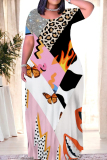 Casual Leopard Print O Neck Short Sleeve Floor Length Baggy Vacation Maxi Dresses