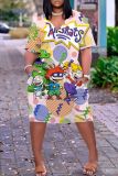 Casual Cartoon Print Basic V Neck Short Sleeve Pockets Loose T-shirt Dresses