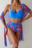 Sexy Tropical Print Swimsuit Long Cardigan Bra and Mini Shorts Bikini Sets Beach Vacation Three Piece Set Swimwears