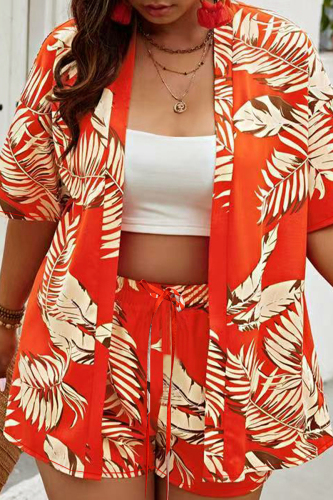 Casual Tropical Print Strap Design Cardigan Collar Short Sleeve Shirt And Shorts Vacation Beach Two Pieces Shorts Sets