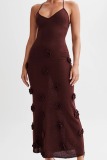 Sexy Flowers Decor Backless Spaghetti Strap Lace Up Mermaid Hem Vacation Beach Knit Maxi Slip Dresses