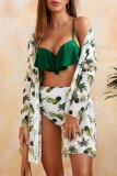 Sexy Fruit Print Swimsuit Long Cardigan Bra and Mini Shorts Bikini Sets Beach Vacation Three Piece Set Swimwears