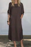 Casual O Neck Half Sleeve Pocket Long Loose Fitted Vacation Maxi Dresses