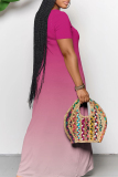 Casual Ombre Print V Neck Short Sleeve Floor Length Baggy Vacation Maxi Dresses