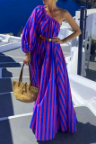 Casual Striped Print Lantern Sleeve Oblique Collar With Belt Irregular Vacation Maxi Swing Dresses
