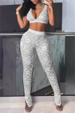 Sexy Lace Flower Print V Neck Sleeveless See-Through Vests Crop Tops And Slim Fitted Pants Two Pieces Trouser Sets